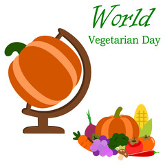 Creative World Vegetarian Day vector with a globe map formed by pumpkin icons. Symbol of healthy eating, organic lifestyle, eco awareness, and plant-based vegetarian celebration concept.
