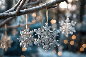 Sparkling Snowflake Ornaments Hanging from Branch, Winter Holiday Decor.