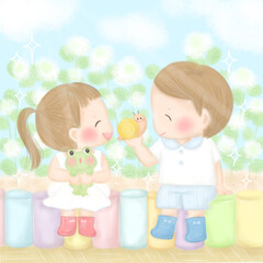 梅雨の晴れ間 アナベルの花の前でお話しする子供たち