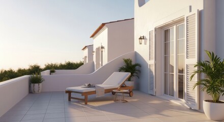 Modern Mediterranean Balcony with Lounge Chair and Potted Plants in Sunlit Outdoor Space