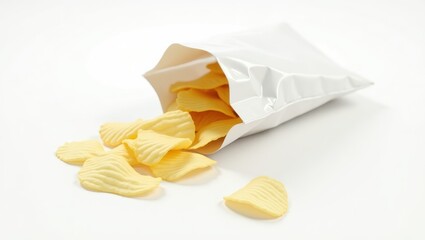 A light beige packet of potato chips spills onto a plain white surface.