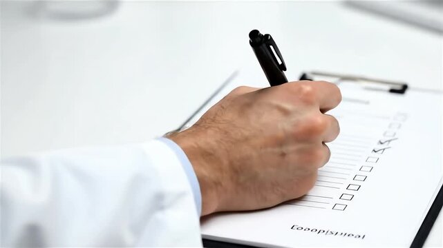 Close-up shot of a doctor's hand meticulously filling out a checklist on a clipboard, showcasing a neutral color palette and conveying a professional and focused mood in a bright,