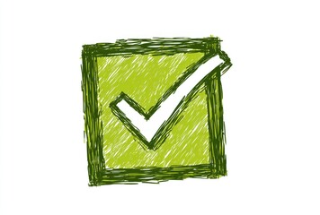 Scribbled green check mark in a square with white background; rough texture, hand-drawn feel