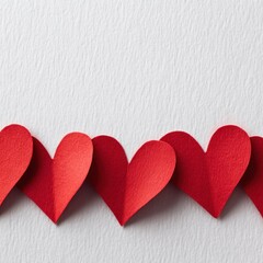 Row of red paper hearts along the bottom against a textured white background, romantic, simple, and minimalist