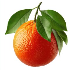 A vibrant orange fruit with green leaves attached to a stem, isolated on a white background, brightly lit