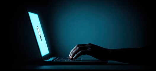 Laptop backlit by a glowing screen displaying a security icon. A hand types on the keyboard in the dark