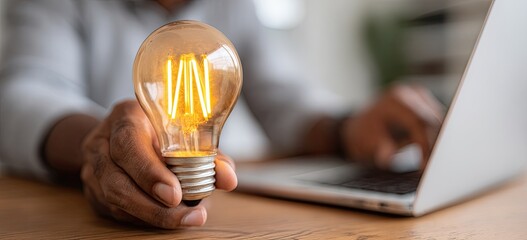 A hand holding a glowing lightbulb, in front of a person working on a laptop