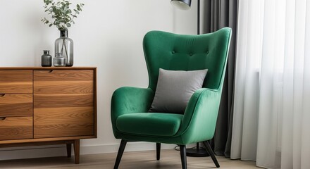 Modern living room with emerald green armchair and wooden cabinet