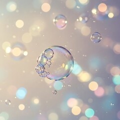 A cluster of iridescent soap bubbles floats against a backdrop of soft, pastel-hued bokeh, showcasing the delicate beauty of nature's ephemeral art.