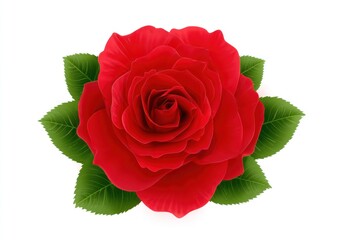 Red rose blossom. Vector illustration of a fully bloomed vibrant red rose with surrounding lush green leaves