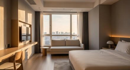 Modern Hotel Room with Large Window View Minimalist Decor Soft Lighting