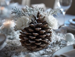 Festive winter table centerpiece with a snow-dusted pinecone, white flowers, and frosted foliage.