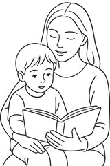 line drawing of mom reading book to kid