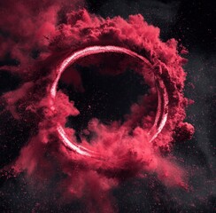 Red powder explodes in a circular shape against a dark background, creating a dynamic, abstract, and artistic composition