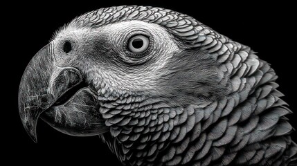 Obraz premium Close-up grayscale shot of parrot head, detailed feathers and intense eye, against a stark black backdrop