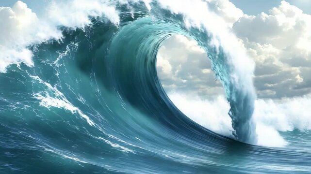 Massive turquoise ocean wave breaking with immense force under a cloudy, foreboding sky, symbolizing nature's raw power