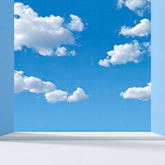 Azure sky framed by pale blue walls