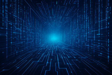 Obraz premium Abstract technology background with bright blue glowing circuit lines, digital matrix tunnel effect, data stream flowing in perspective, futuristic sci-fi cyber grid, high resolution.