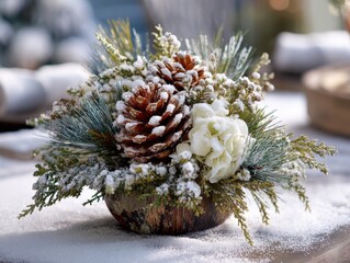 Festive winter centerpiece with frosted pine cones, white flower, and evergreen foliage on snow.