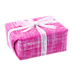 A Vibrant Pink Gift Box with White Ribbon Isolated on a Black Background