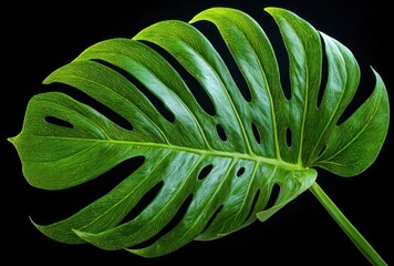 Glossy green Monstera leaf with holes and slits, isolated against a stark black background