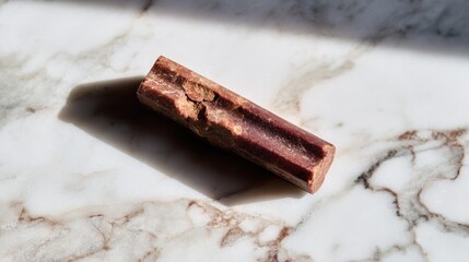 Angular red-brown stone artifact on a mottled white surface, casting a shadow in the bright light
