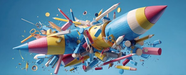 Vivid illustration of a colorful rocket made of school supplies against a blue sky, signifying potential and learning