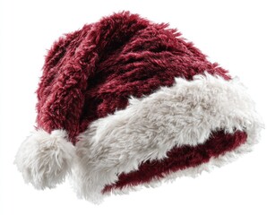 Fuzzy Santa hat, deep red and white, laying on its side against a plain white background with soft shadows