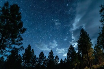 Naklejka premium Starry night sky over a pine forest