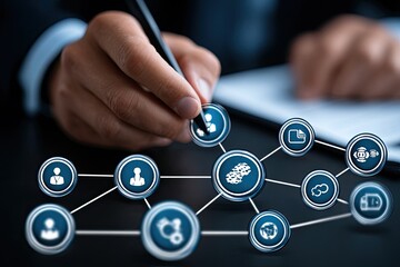 Close-up of person writing on document with connected network icons