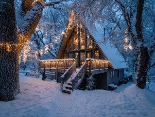 Cozy A-frame cabin adorned with warm string lights in a snowy winter forest