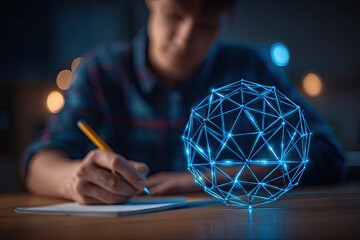 Person writing at desk, glowing sphere