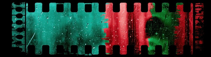 Abstract film strip with teal and red textures, black edges. Distressed and grungy style