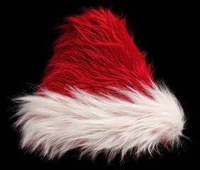 Fuzzy, red and white Santa hat against a stark black background; festive, fluffy, and cozy