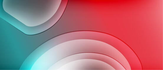 Abstract gradients blend turquoise, white, red. Smooth shapes overlap creating layered visual effect. Minimalist design, modern aesthetic.