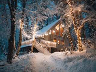 Cozy Winter Cabin at Night, Snow-Covered, Christmas Lights