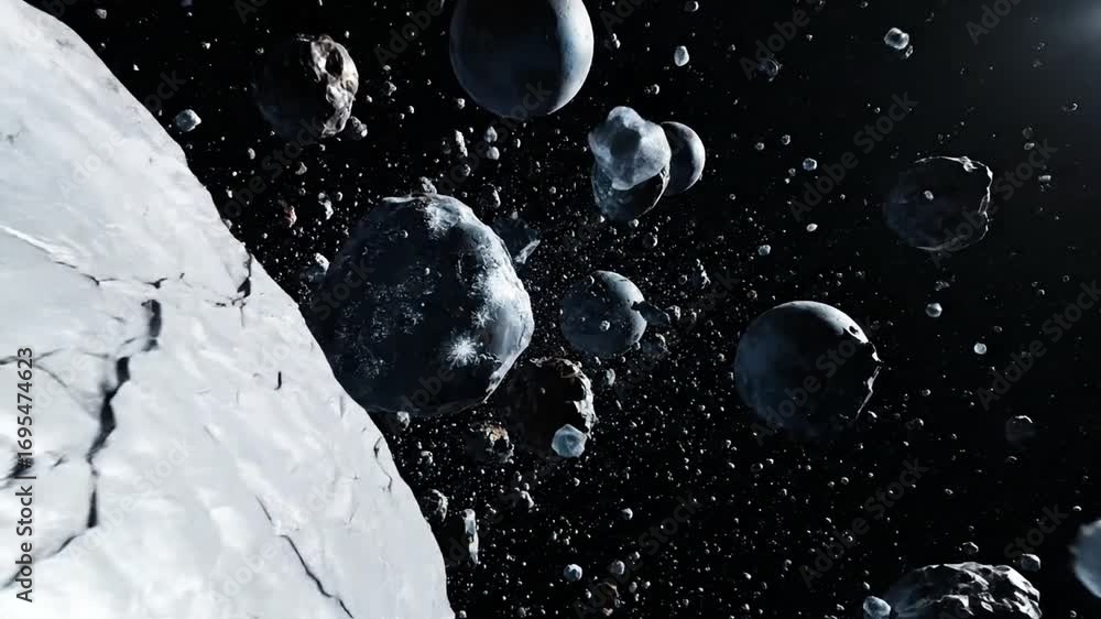 Poster field of white asteroids and rocky debris floating in outer space