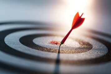 Red arrow hits the bullseye on a target, surrounded by concentric rings, with a bright light shining behind it
