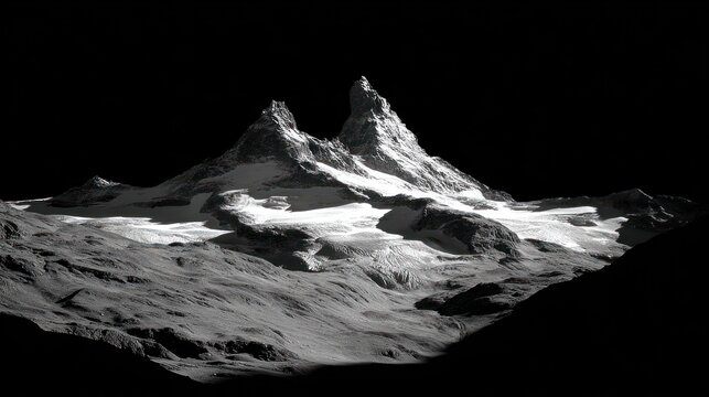 Dramatic, black & white shot of two peaks with snow and glaciers, surrounded by a rugged, rocky landscape