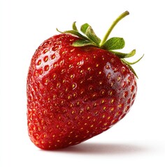 Ripe red strawberry with seeds and green leaves against a white background, casting soft shadow