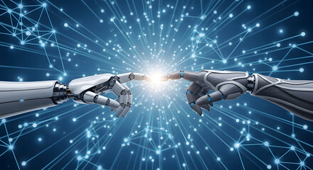 Two robotic hands reaching out to touch in a modern recreation of The Creation of Adam, symbolizing the creation of artificial intelligence and the dawn of a new technological era.