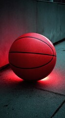 Glowing basketball resting on a concrete surface, highlighted in red light against a blurred background