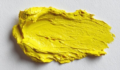 Thick, vibrant yellow paint stroke on white surface with visible texture and light shadow