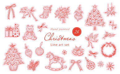 Minimal Line Art Christmas vector clipart Set, Hand Painted Cute Holiday Illustrations for cards, wrapping and decoration.