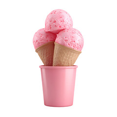 Delicious triple scoop strawberry ice cream cone in a pink cup on black background