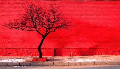 Vivid red wall with a bare tree casting a shadow, sidewalk below. Stark contrast, minimalist composition