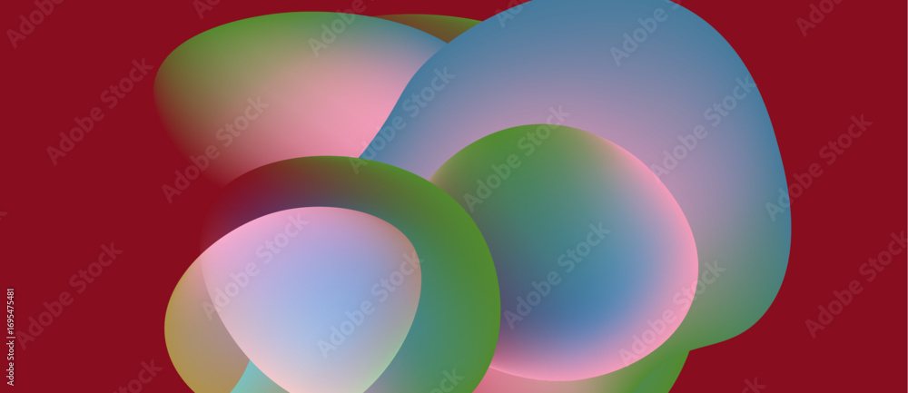 Poster abstract colorful shapes overlap. soft gradients create fluid forms against red background. modern d