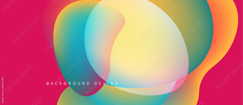 Poster Abstract fluid shapes overlap. Vibrant colors blend, creating dynamic visual effect. Background features gradient hues, modern design elements.