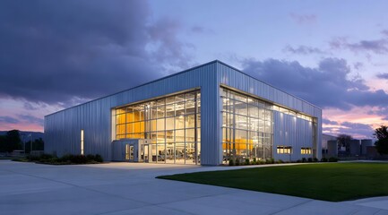 Fototapeta premium A modern, light-filled industrial building stands at dusk, showcasing large expanses of glass and a muted palette.