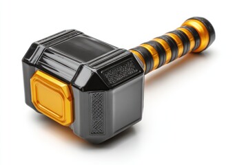 A toy hammer with a black and gold head and handle, isolated on a white background